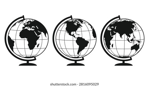 Three World Globes Showing Different Continents Black Silhouette