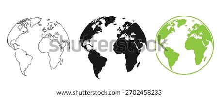 Three world map globes showing continents like africa, europe, asia, north and south america in different styles and colors