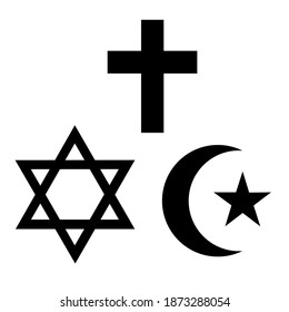 Three world religions symbols. Islam, Christianity and Judaism. Black silhouette. Vector illustration
