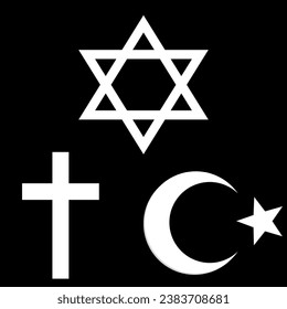 Three world religions symbols. Islam, Christianity and Judaism isolated on black background. Vector illustration