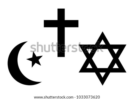 Three world religions symbols. Islam, Christianity and Judaism. Black silhouette. Vector illustration