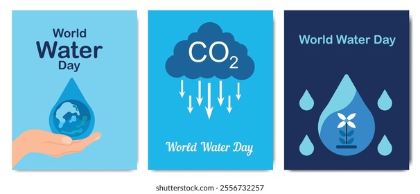 Three World Water Day posters featuring a water droplet with Earth, a CO2 cloud with arrows, and a flower inside a droplet.	