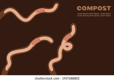 Three worms eat the earth, turning it into fertile soil. The concept of composting and processing of soil worms. Vector image.
