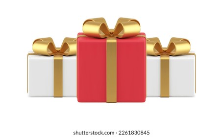 Three wrapped festive gift boxes holiday congratulations 3d icon decor element realistic vector illustration. Premium present surprise cardboard container with golden bow ribbon Easter sale discount