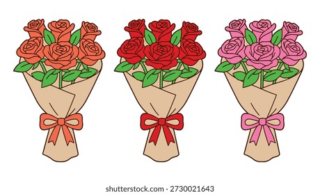 Tres ramos de flores de rosa envueltos