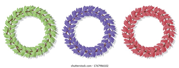 Three wreath of fresh branches forms an circle. Vector frame of green purple and red leaves isolated on white background. Design elements and greeting cards