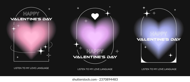 Three y2k abstract picture frames with glowing blurred hearts on the background, vector illustration, Valentine's Day holiday decoration in retro style.