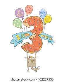 Three year Birthday invitation or print on t-shirt. Children's birthday. Flat, vector,  illustration