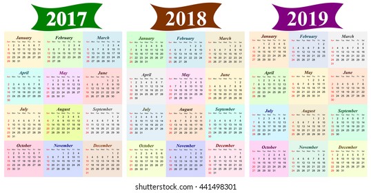 Three year calendar - 2017, 2018 and 2019