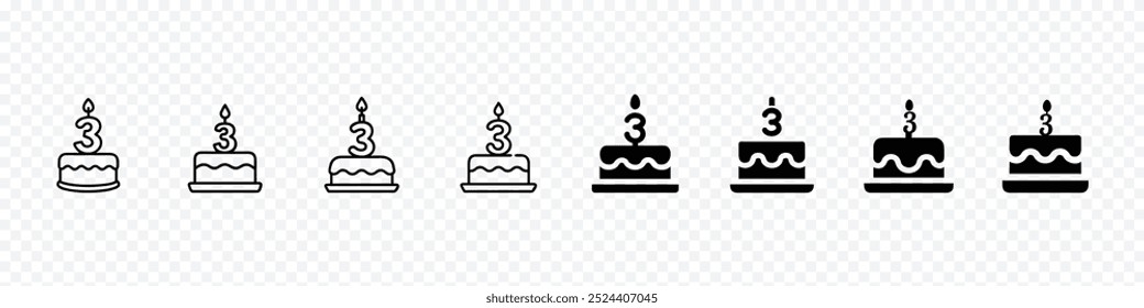  Three year Celebration Events cake icon, Cake icon vector set. Outline pie with candles symbol, birthday cake icon set, Simple birthday cake icon, Birthday cakes icons set