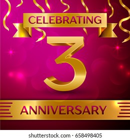 Three Years Anniversary Celebration Design. Confetti and golden ribbon on pink background. Colorful Vector template elements for your birthday party. Anniversary ribbon