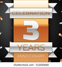 Three years anniversary celebration golden and silver background. Anniversary ribbon
