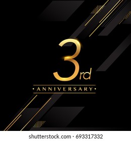 three years anniversary celebration logotype. 3rd anniversary logo golden colored isolated on black background, vector design for greeting card and invitation card.