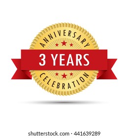 Three years anniversary, third anniversary celebration gold badge icon logo vector graphic design