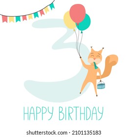 Three years. Baby birthday greeting card in cartoon style. Printable number 3 birthday greeting card template. Cartoon character squirrel in a hot air balloon and number three