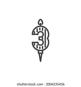 Three years birthday candle line icon. linear style sign for mobile concept and web design. Number 3 birthday candle outline vector icon. Symbol, logo illustration. Vector graphics