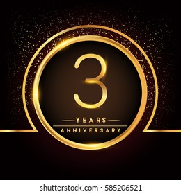 three years birthday celebration logotype. 3rd anniversary logo with confetti and golden ring isolated on black background, vector design for greeting card and invitation card.