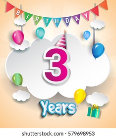 three Years Birthday Design for greeting cards and poster, with clouds and gift box, balloons. using Paper Art Design Style. vector elements for anniversary celebration.