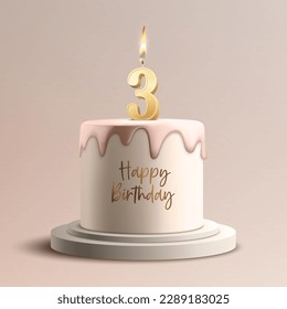 Drei Jahre. Vektor Geburtstag Jubiläum Süßkuchen. Grußkarte, Banner mit 3D Realistic Burning Golden Geburtstag Party Kerze, Nummer, Flamme. Symboldesign-Vorlage für das Geburtstagskonzept. Vorderansicht