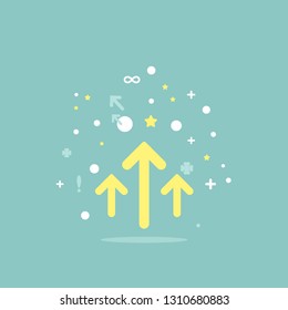 three yellow arrows up with signs, dots and stars on tblue background. Launch, upgraid icon. Creative project start, business advance, breakthrough sign. Fast growth symbol. Speed, grow up, increase