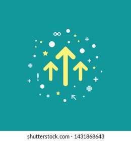 three yellow arrows up with signs, dots and stars on blue background. Launch, upgraid icon. Creative project start, business advance, breakthrough sign. Fast growth symbol. Speed, grow up, increase
