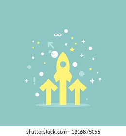 three yellow arrows up, rocket, signs, stars on blue background. Launch, upgraid icon. Creative project start, business advance, breakthrough sign. Fast growth symbol. Speed, grow up, increase