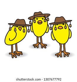 Three Yellow Aussie Chicks Staring towards camera wearing traditional Australian Bush Hats