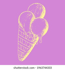 Three yellow balls of ice cream in a yellow waffle cone in doodle style isolated on a pink background. Sketch. Hand Drawn.	