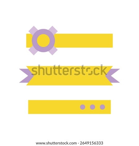 Three yellow banners, top with lavender gear, middle ribbon-ended, bottom dotted; flat, graphic style, pastel colors, simple composition, cheerful mood, close-up view.