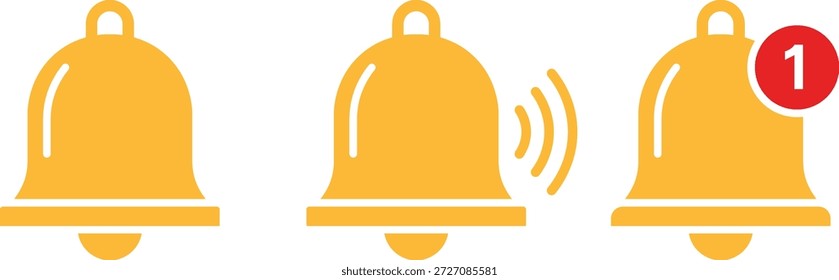 Tres campanas amarillas que muestran los estados de notificación: una silenciosa que suena una con una alerta de insignia roja