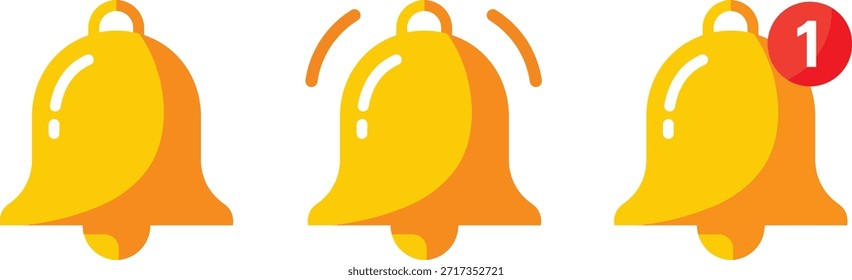 Three yellow bells one with red notification bubble showing number one alert ringing