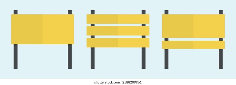 Three yellow benches with simple, minimalist design. Yellow benches in a row, featuring a clean, modern look. Bright yellow benches stand out. Isolated illustration elements, vector set.