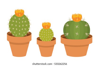 Three Yellow Blooming Potted Cactus Plant Clip Art Set