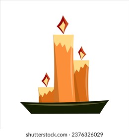 Three yellow burning candles on a black stand. Christmas candles isolated on white background. Flat vector illustration.