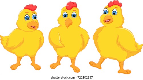 Three yellow chickens cartoon standing with happiness