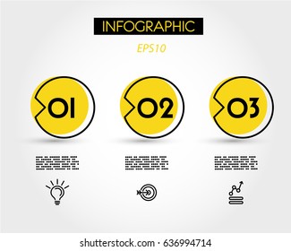 three yellow circle steps with negative arrow, infographic concept