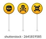 Three yellow circular warning signs with black skull and crossbones symbols stand side-by-side, mounted on metal poles against a white background, indicating danger or hazard.
