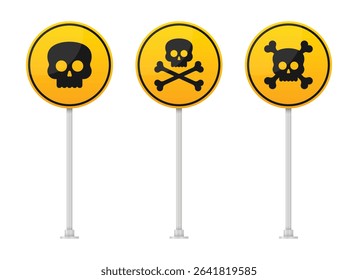 Three yellow circular warning signs with black skull and crossbones symbols stand side-by-side, mounted on metal poles against a white background, indicating danger or hazard.