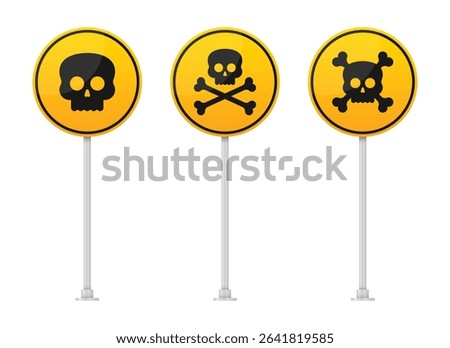 Three yellow circular warning signs with black skull and crossbones symbols stand side-by-side, mounted on metal poles against a white background, indicating danger or hazard.