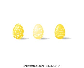 Three yellow Easter eggs with different ornaments. Spring holiday theme. Flat vector for festive poster or banner