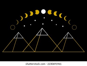 Three yellow egypt ancient pyramid of giza are egyptian pharaoh tomb traingle outline with curve moon different phases or lunar phase and white stars on black background vector design icon.