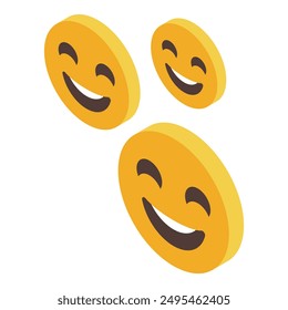 Three yellow emojis are floating, showing happiness with a large smile on their faces