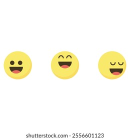 Three yellow emojis in a row with different facial expressions. The first emoji has open eyes and a wide open mouth. The second emoji has closed eyes and a wide open mouth. The third emoji has closed 