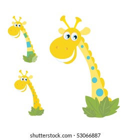Three yellow giraffe heads isolated on white. Cartoon cutte giraffes on white background. Vector Illustration.