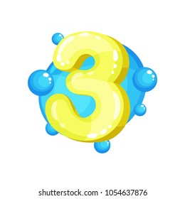 Three yellow glossy bright number, kids font vector Illustration on a white background