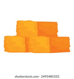 Three yellow hay bales stacked on top of each other forming a pyramid, isolated on a white background