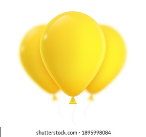 Three yellow helium balloons. 3D realistic vector illustration, isolated on white background.