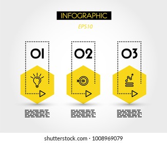 three yellow info hexagons with dotted rectangle, concept of options