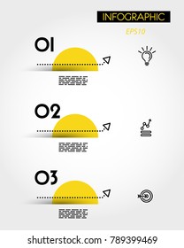three yellow info options with dotted long arrow,  concept of options