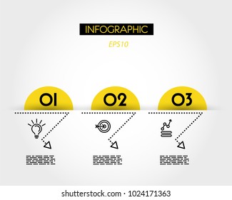 three yellow infographic arcs with dotted arrow, concept of options